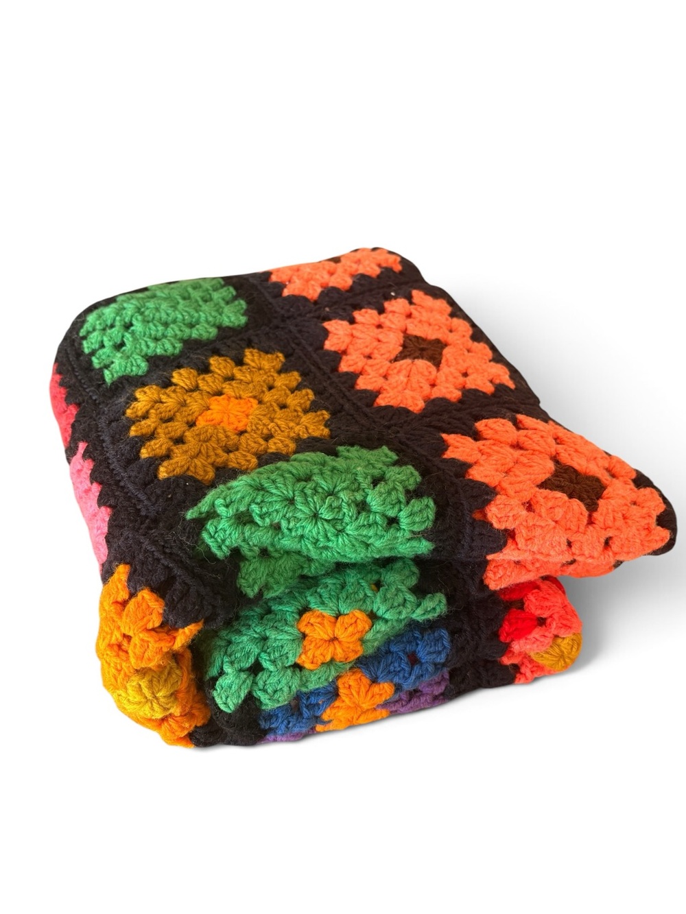 Vintage Granny Square Crochet Afghan Blanket Colorful Black Retro Boho 60x54 - Picture 3 of 6